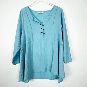 Habitat Tunic Womens Size L Blue Crinkle Fabric Artsy Bohemian Lagenlook Blouse